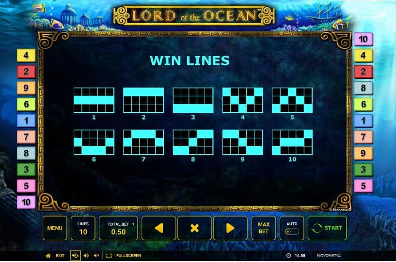 Per vincere a Lord of the Ocean i simboli sulle linee vincenti devono comparire nella giusta combinazione