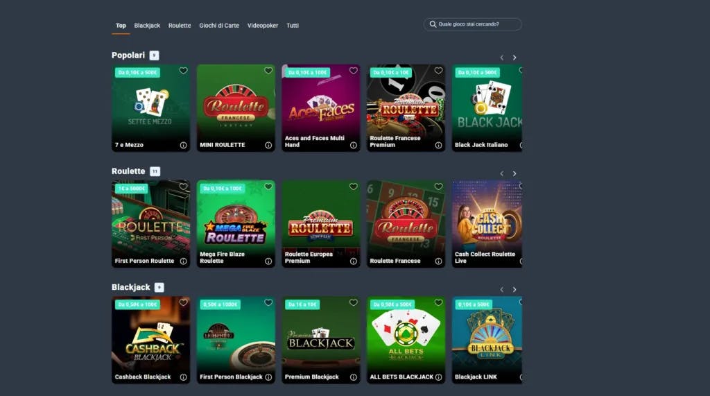 Giochi da casinò del catalogo di Snai