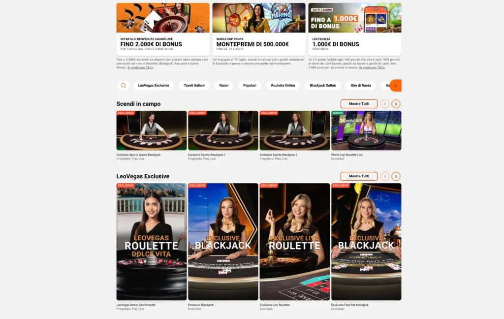 Sezione Casinò Live: LeoVegas Italia