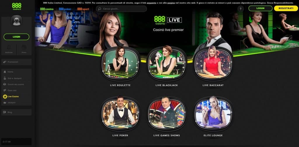 Il casino dal vivo di 888 Casino presenta diversi tavoli virtuali