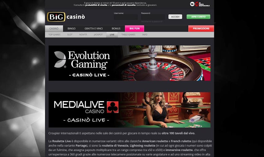 Il casino dal vivo di Big Casino presenta diversi tavoli virtuali