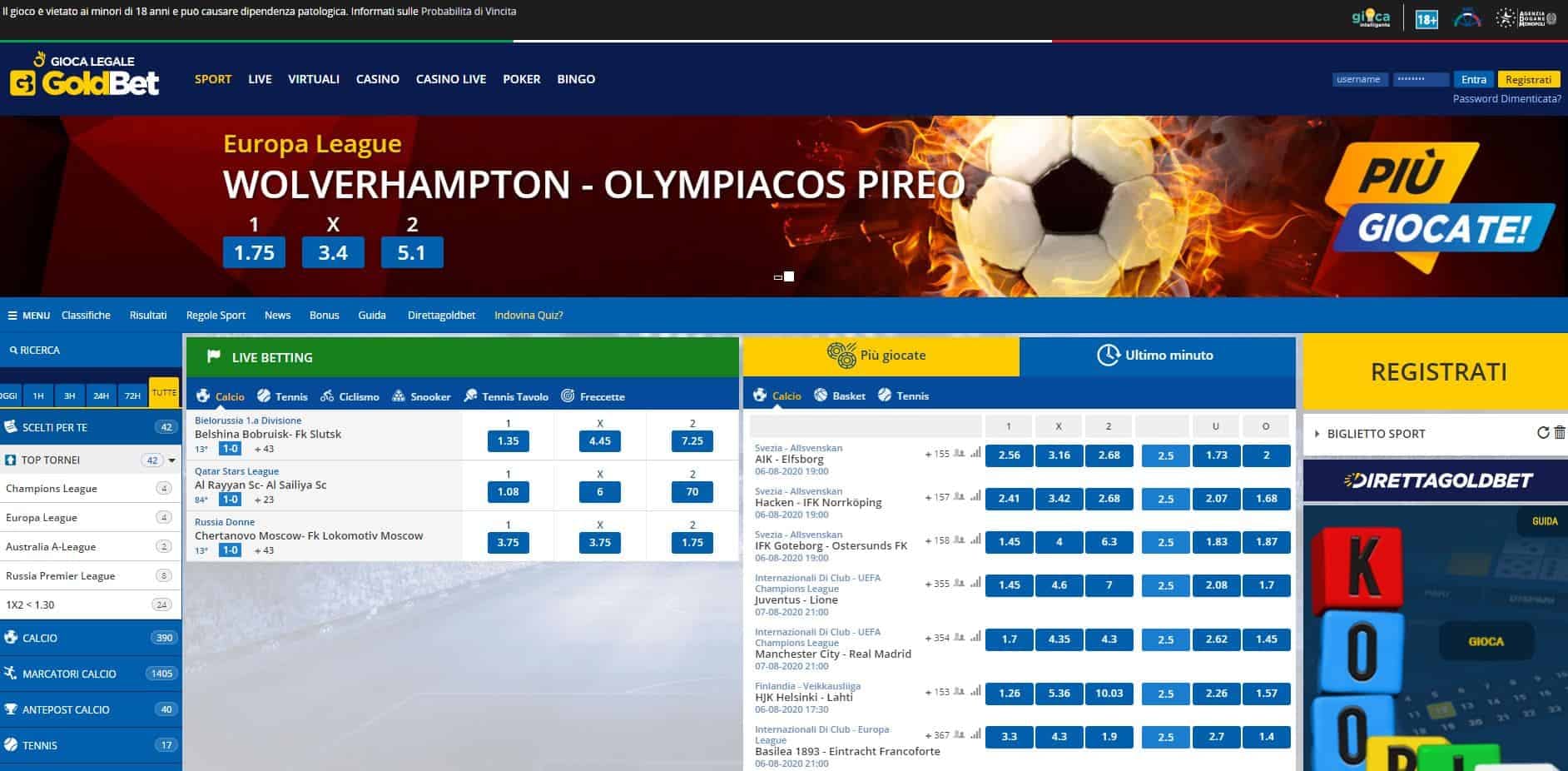 Prova le scommesse sportive online di Goldbet