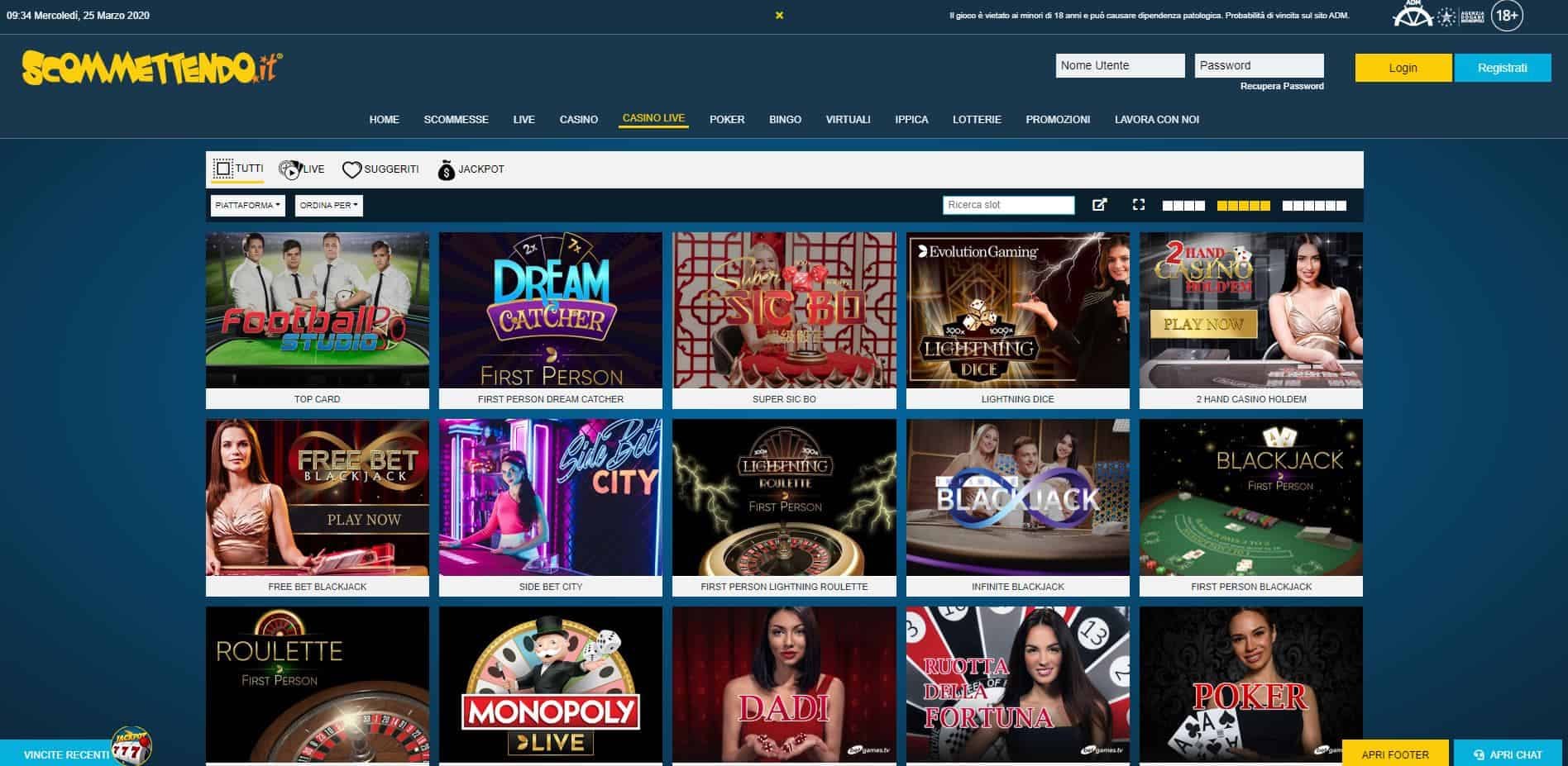 Il casino dal vivo di Scommettendo presenta diversi tavoli virtuali