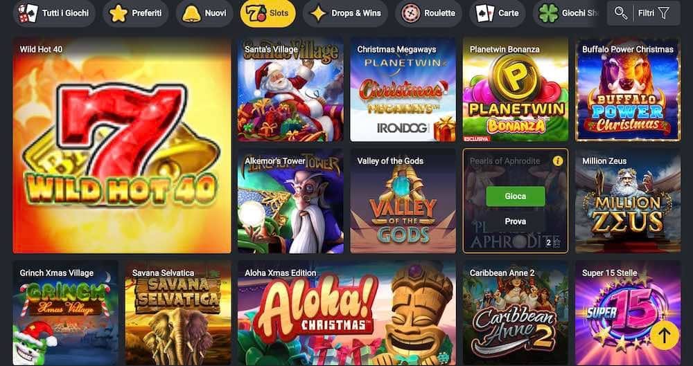 Esempio di una ricca selezione di giochi di un casino online.