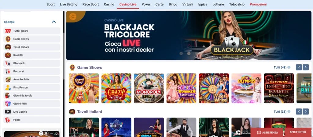 La sezione dei giochi da casinò live su Marathonbet