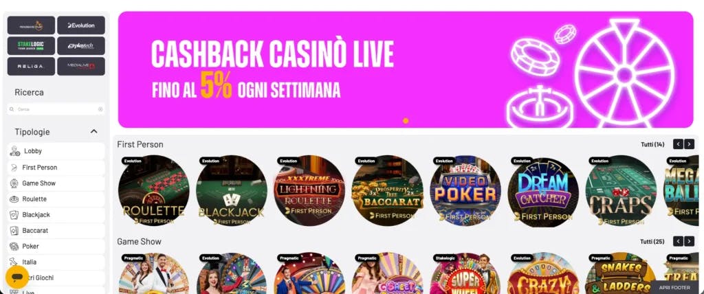 Casinò live: catalogo giochi su Netwin