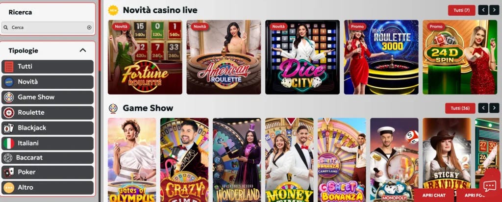 Catalogo del casinò live di Domusbet