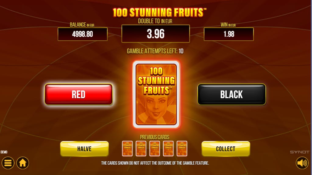 Schermata della funzione Gamble di 100 Stunning Fruits