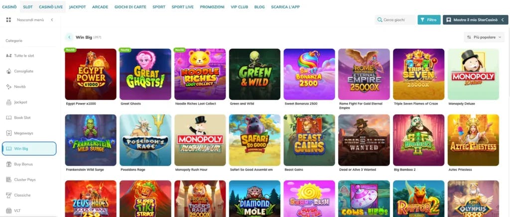 Sezione delle slot "Win Big" del casinò StarCasino